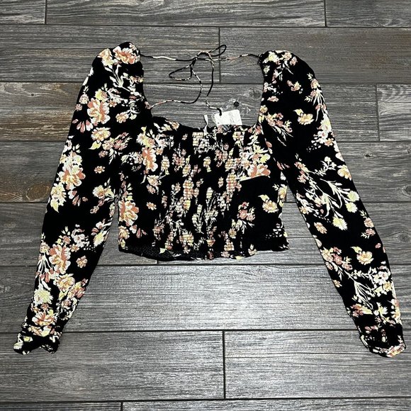 NWT $98 Free People Hilary Printed Top Size Small Black Combo Smocked Blouse S - Picture 14 of 16